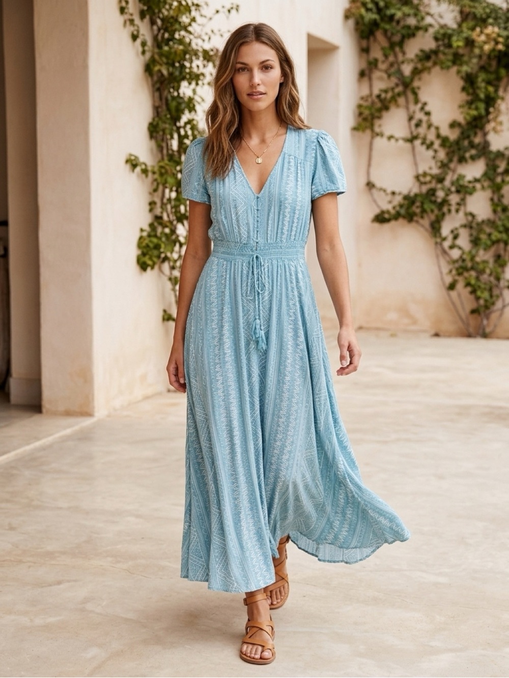 Light Blue V-Neck Maxi Dress with Tie Waist